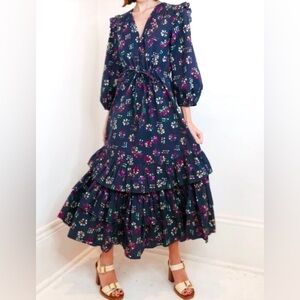 Warm Navy Blue Floral Navy MIDI Dress